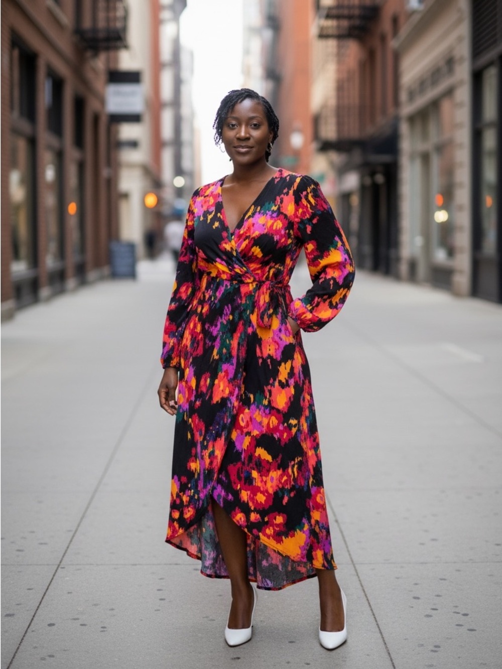 Black Long Sleeve Mock Wrap Dress with Floral Print from Shein - Picture 1 of 5